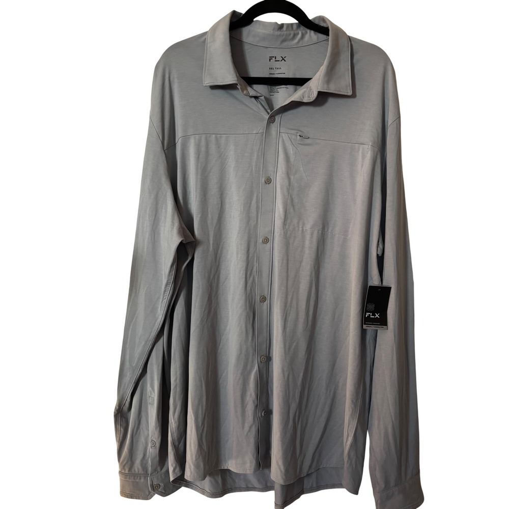 FLX Men's Performance Button Down Shirt 3XL Tall NWT Gray Stretch Long Sleeve